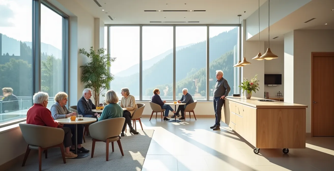 Weitwinkelaufnahme eines modernen Gemeinschaftsraums in Seniorenresidenz