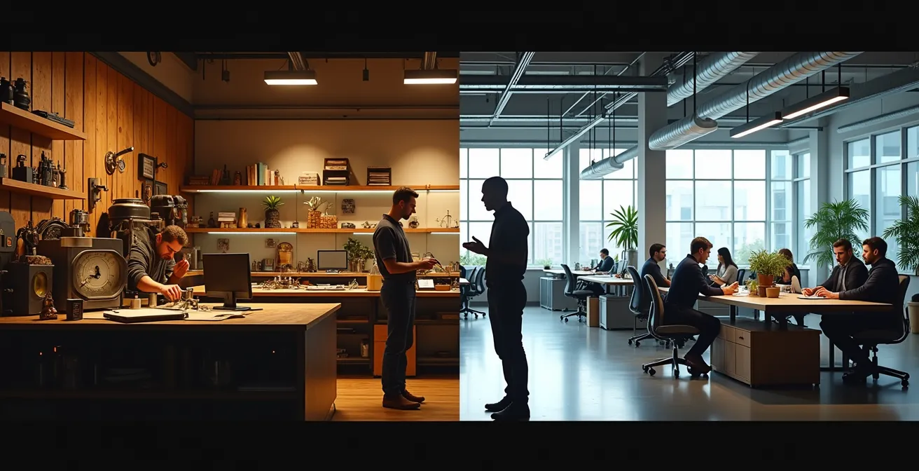 Geteiltes Bild zeigt traditionelle Werkstatt neben modernem Co-Working Space