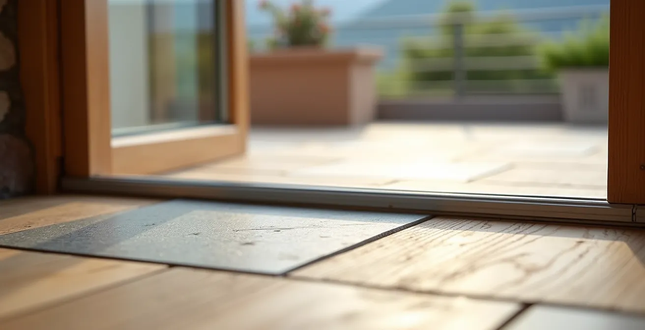 Makroaufnahme eines schwellenlosen Übergangs zwischen Wohnzimmer und Balkon