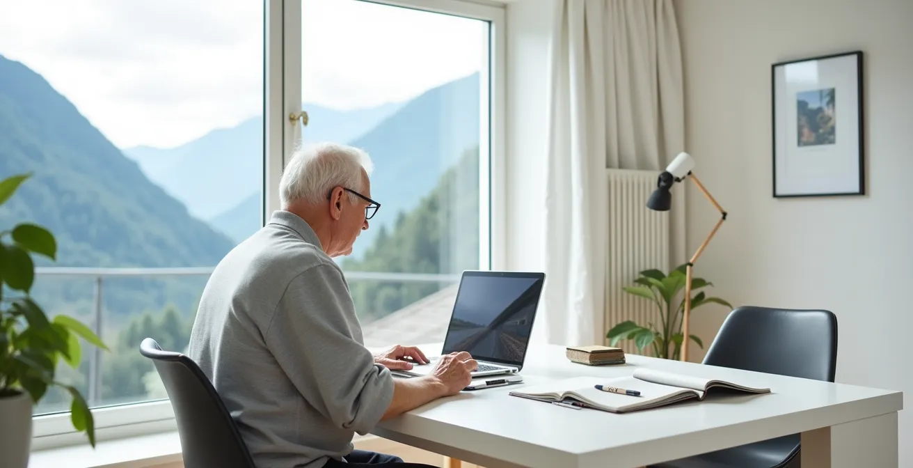 Senior mit Bildschirmlesegerät in hellem Arbeitszimmer