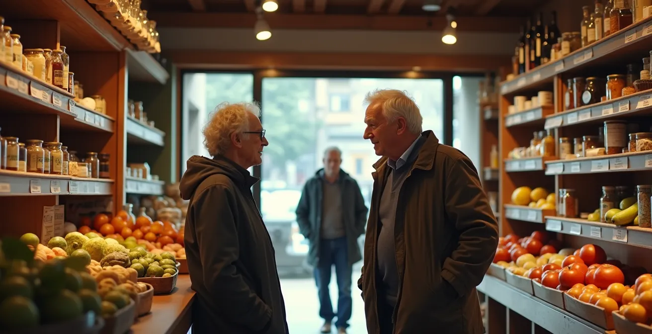Ältere Menschen beim Einkauf und Gespräch im Dorfladen