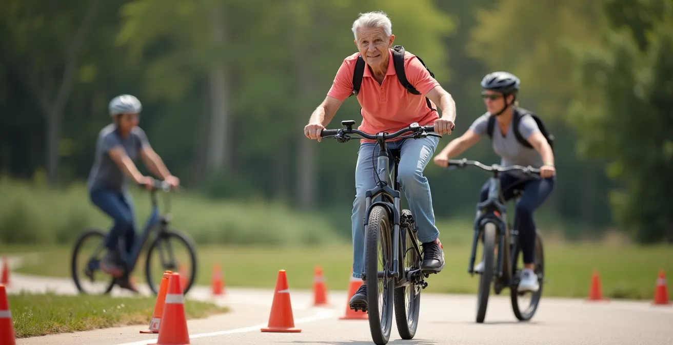 Seniorengruppe übt E-Bike-Fahrtechnik auf Übungsplatz