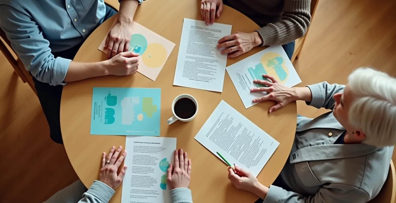 Familie bei einer Besprechung am runden Tisch, um Dokumente zu sichten, Blick von oben