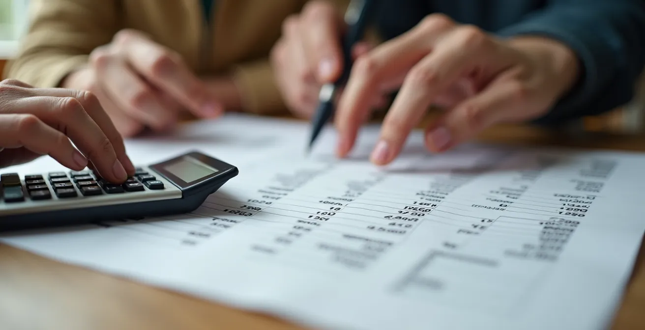 Detailaufnahme von Schweizer Finanzunterlagen und Familienberatung für Genossenschaftsfinanzierung