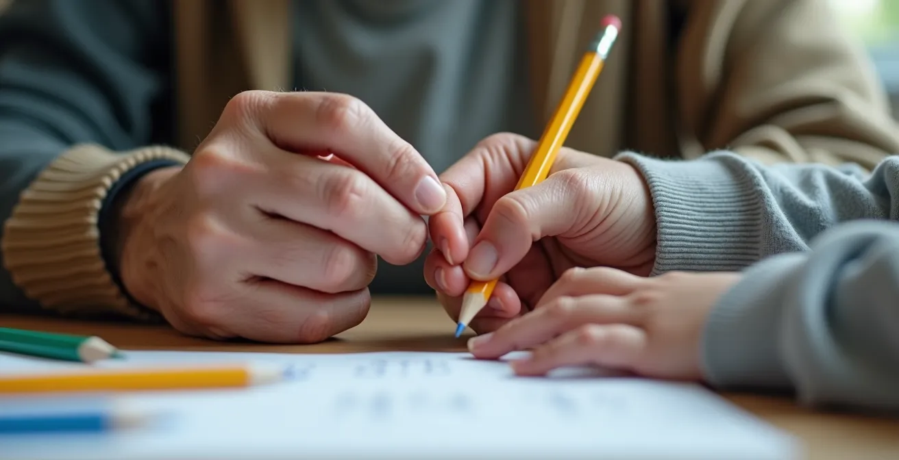 Senior hilft Schulkindern beim Lernen in einem Schweizer Klassenzimmer