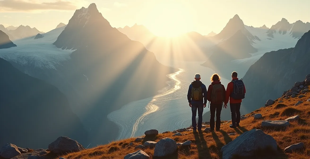 Grosseltern und Enkelkinder betrachten gemeinsam einen Gletscher in den Schweizer Alpen