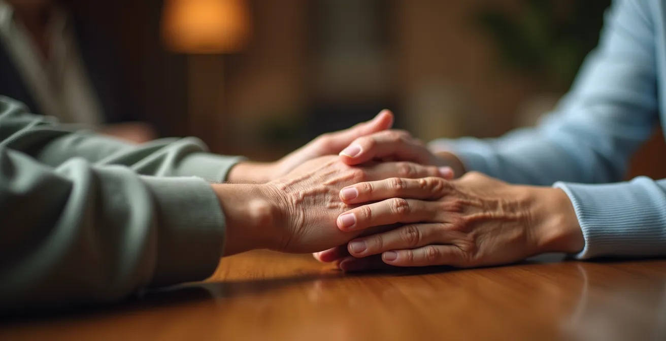Drei Generationen im angeregten Gespräch im Wohnzimmer
