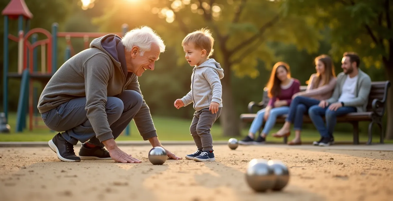 Generationenpark mit Boule-Bahn und Spielplatz nebeneinander