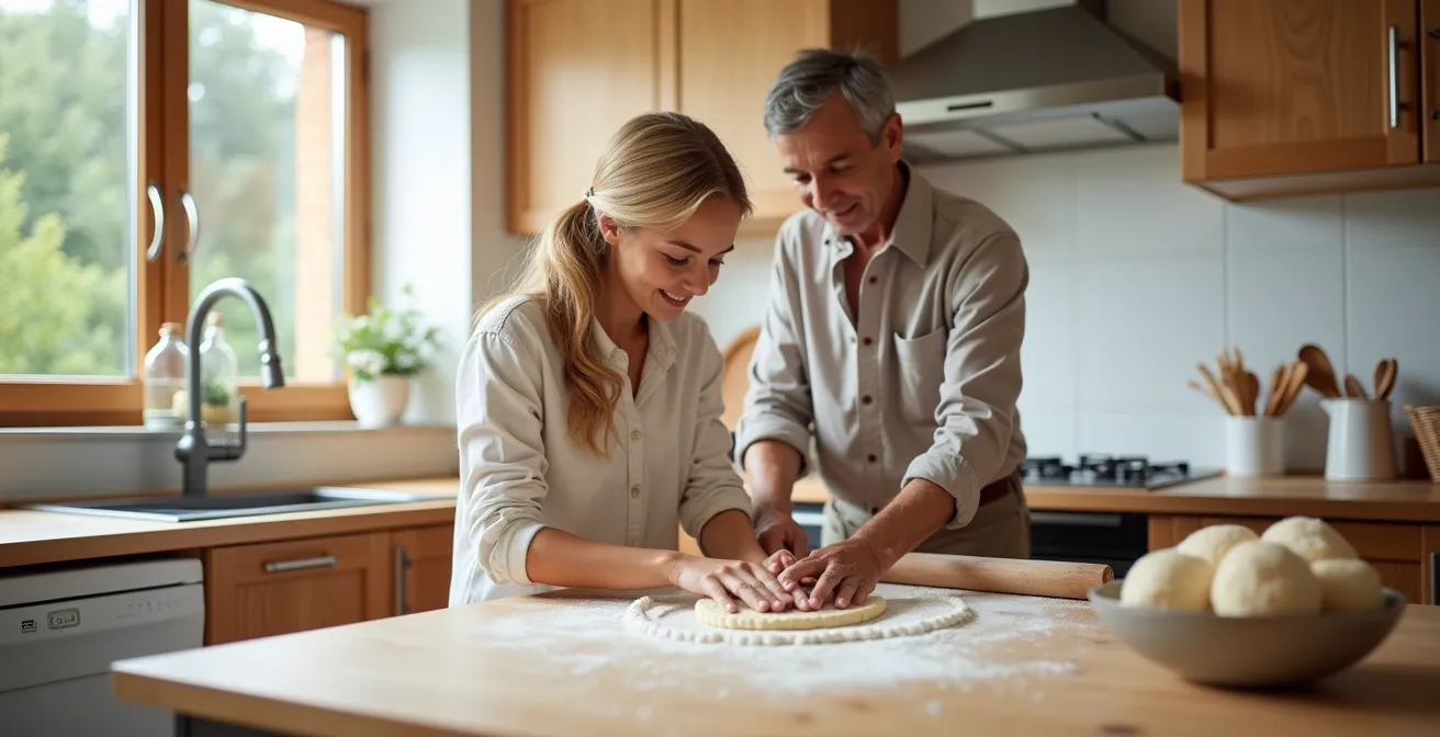 Grossmutter und Enkelkind backen gemeinsam in einer gemütlichen Küche