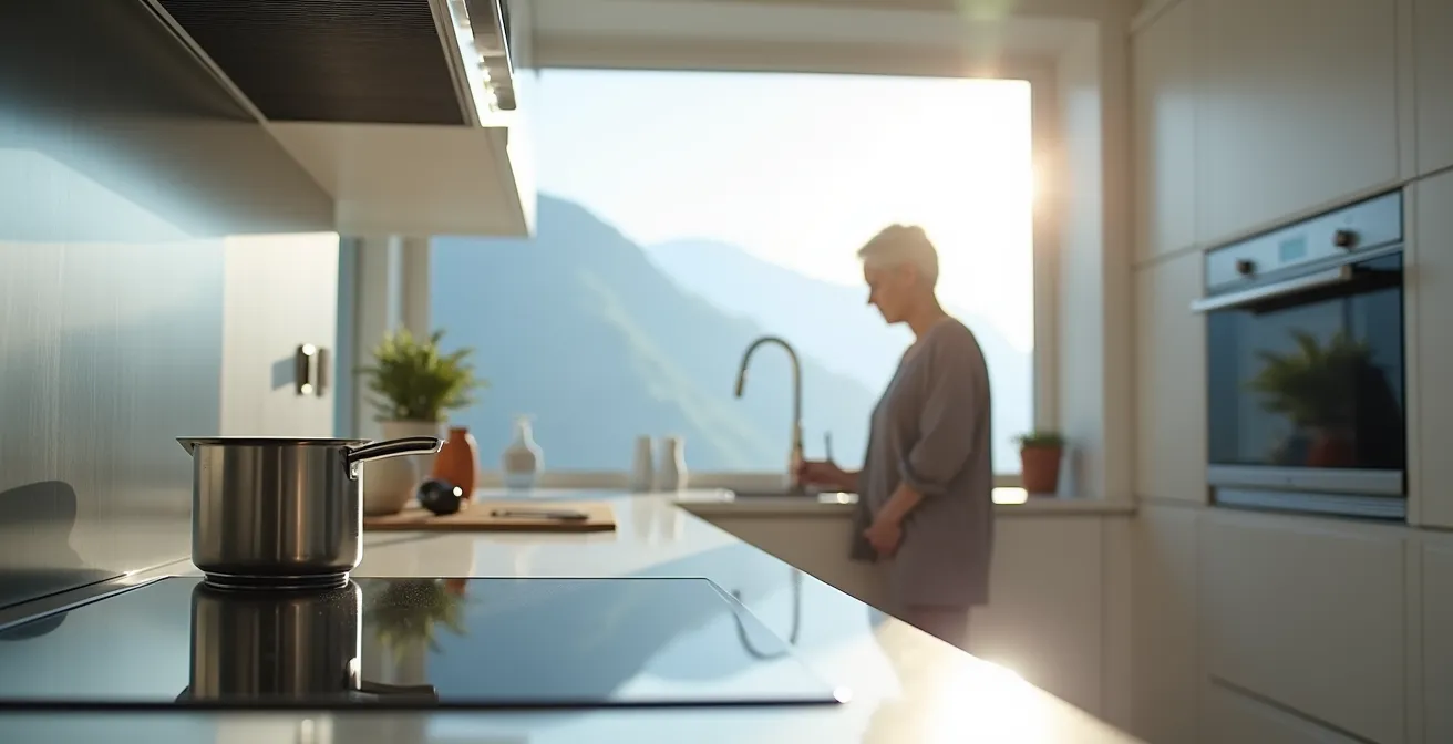 Moderne Herdüberwachung mit Sensoren für Seniorensicherheit in einer Schweizer Küche