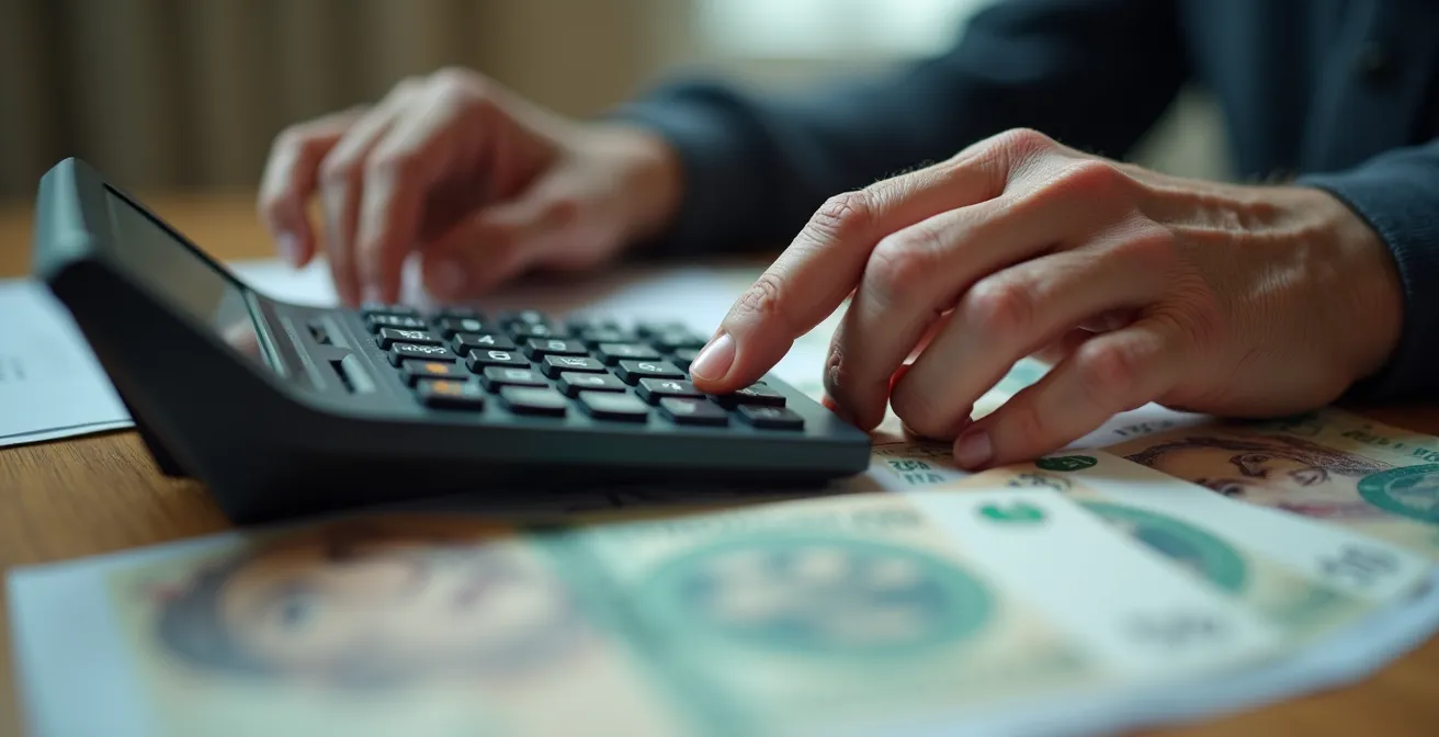 Detailaufnahme von Händen mit Taschenrechner und unscharfen Finanzdokumenten