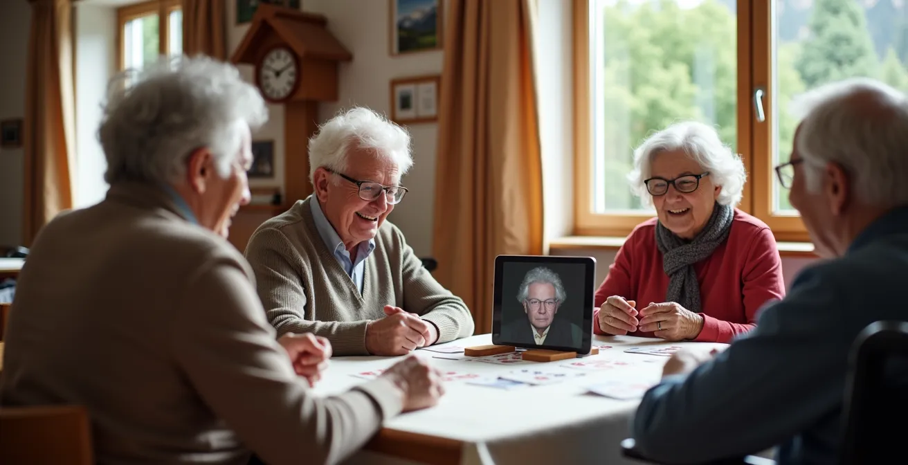 Diverse Gruppe von Senioren bei inklusivem Jass-Spiel mit Tablet-Verbindung