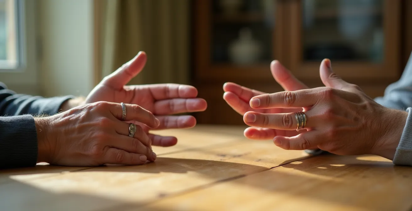 Zwei Senioren im ruhigen Vier-Augen-Gespräch am Küchentisch