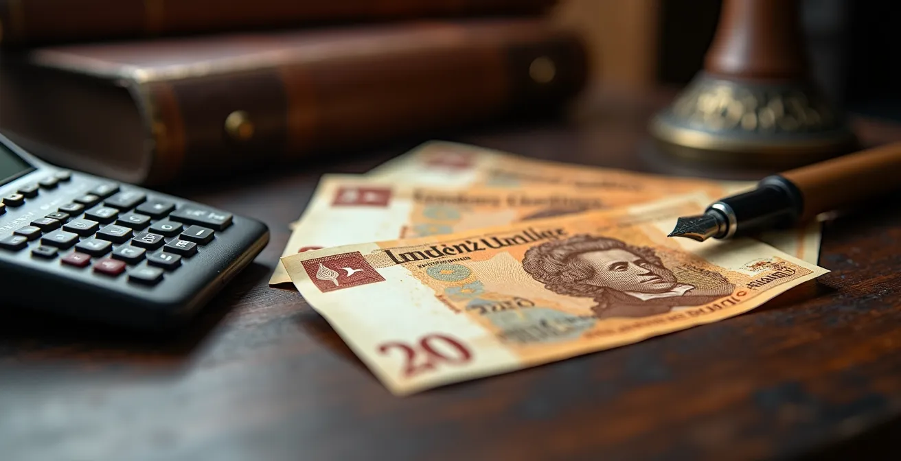 Taschenrechner mit Schweizer Franken und Dokumenten auf Notarschreibtisch