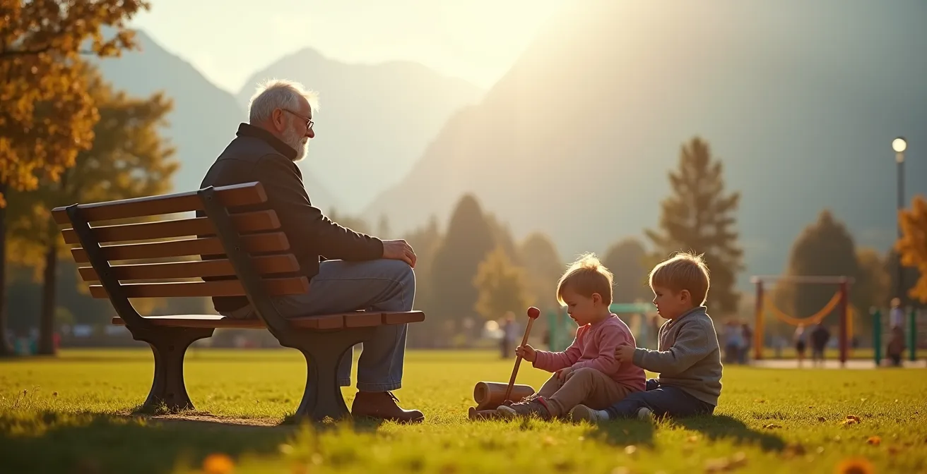Leihgrosseltern beim gemeinsamen Spielen mit Kindern in einem Schweizer Park