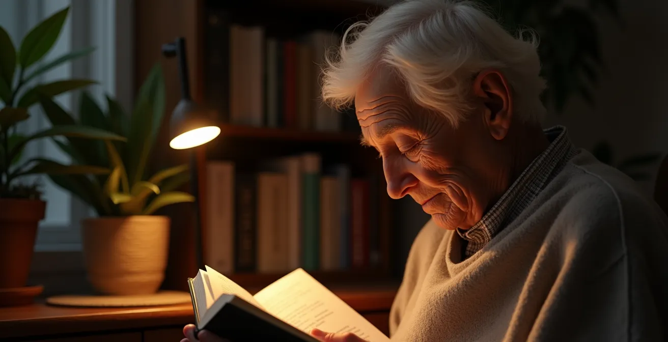 Ein älterer Herr liest zufrieden unter dem warmen Licht einer Leselampe in einer gemütlichen Ecke seiner Wohnung.