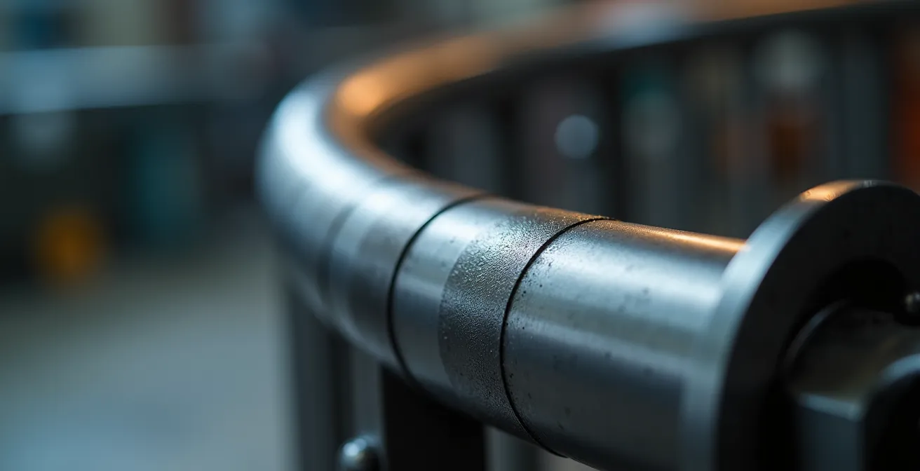 Detailaufnahme einer gebogenen Treppenliftschiene in der Fertigung