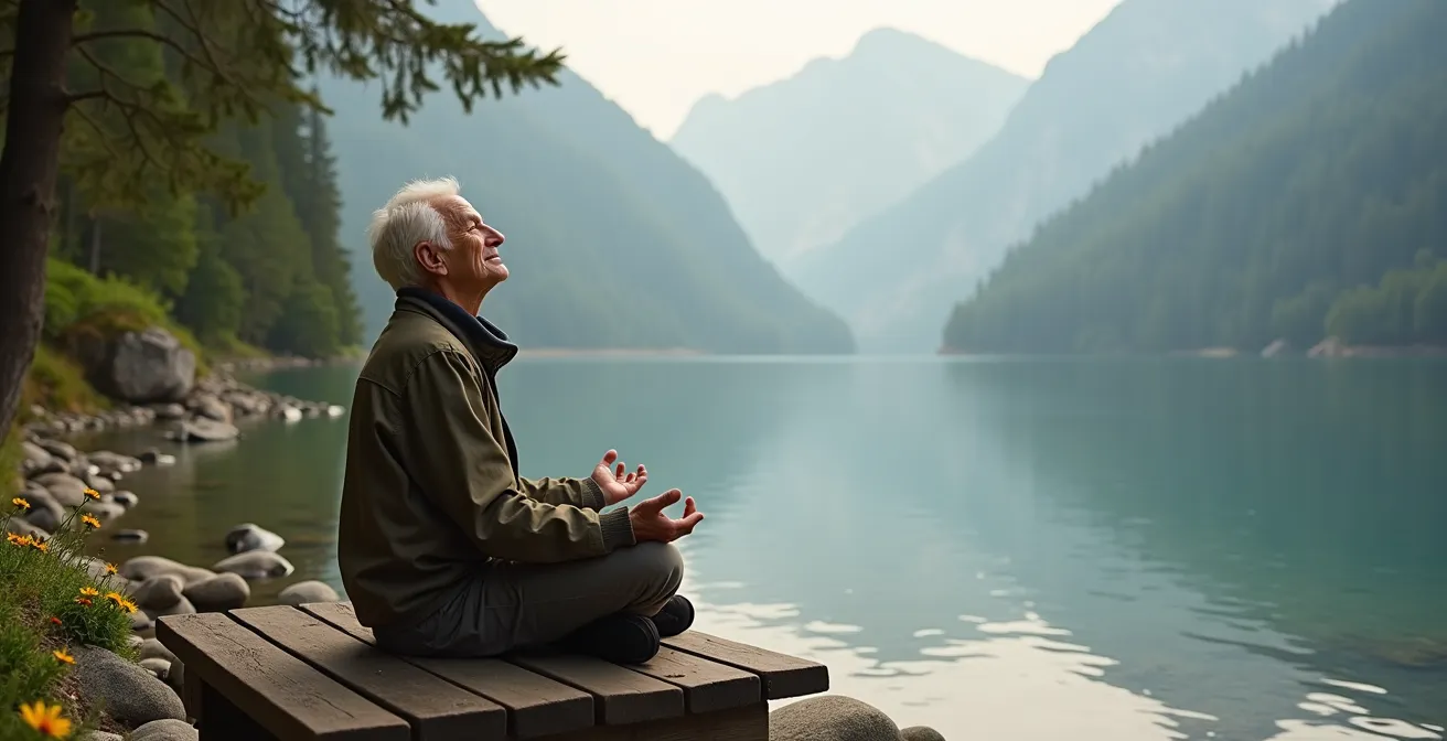 Senior meditiert friedlich an einem Schweizer Bergsee