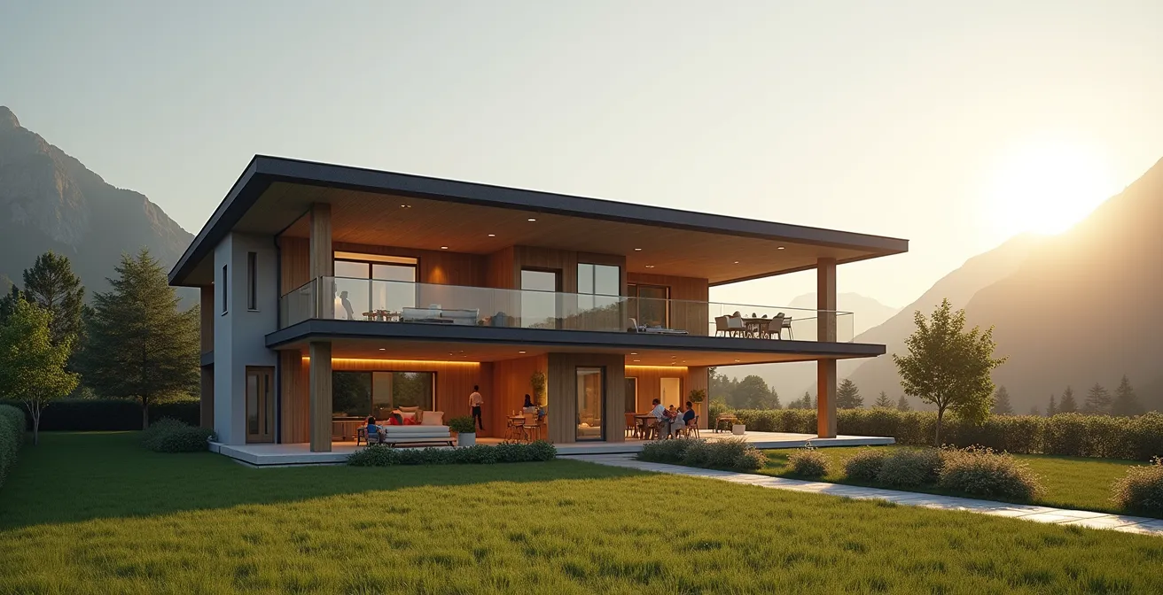 Modernes Schweizer Mehrgenerationenhaus mit getrennten Eingängen und gemeinsamen Garten