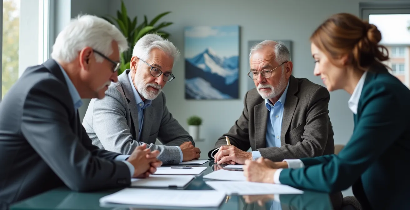 Seniorengruppe bei Vertragsberatung mit Dokumenten