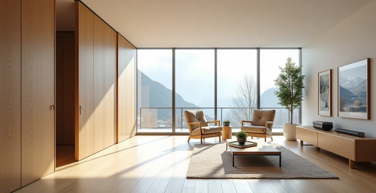 Flexibler Wohnraum mit verschiebbaren Elementen und durchdachter Zonierung für verschiedene Lebensphasen