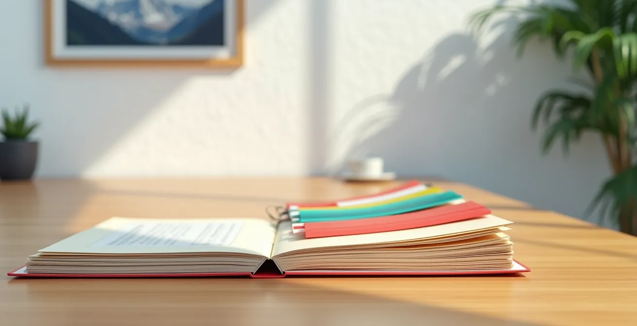 Organisierte Notfallmappe mit Vorsorgedokumenten auf Schweizer Holztisch