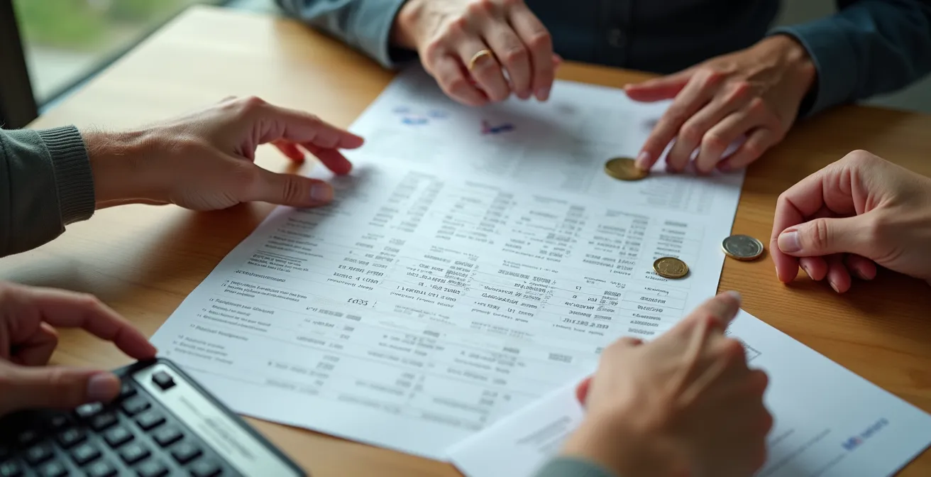 Zwei Personen, eine ältere und eine jüngere, sitzen an einem Holztisch mit unscharfen Schweizer Finanzdokumenten und einem Taschenrechner und planen das Pflegebudget.