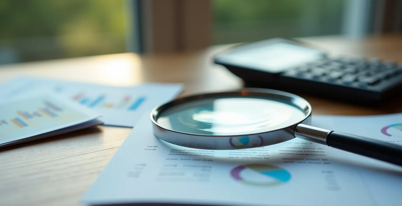 Detailaufnahme von Schweizer Rentendokumenten mit Lupe und Taschenrechner zur Prüfung der Altersvorsorge