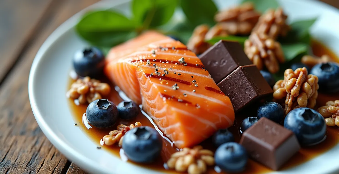 Makroaufnahme eines gesunden Brainfood-Tellers mit Lachs, Nüssen und Beeren