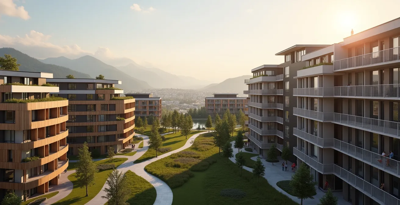 Moderne Cluster-Wohnsiedlung in urbaner Schweizer Umgebung