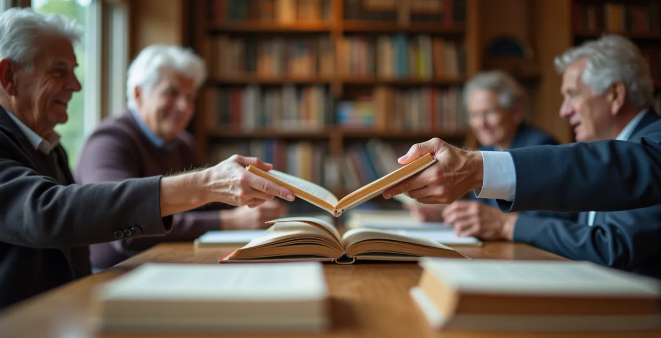 Eine Gruppe von Schweizer Senioren tauscht in einer gemütlichen Bibliothek Bücher aus und diskutiert angeregt.