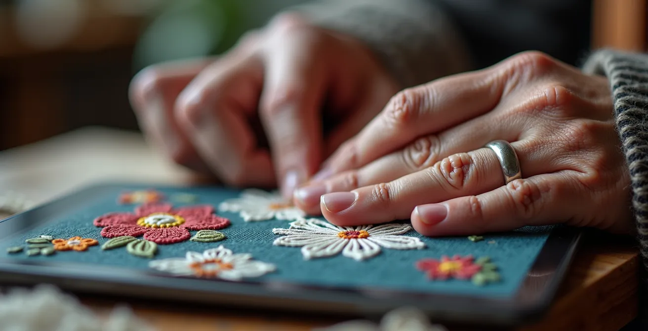 Symbolische Darstellung von Tradition und Moderne: Die Hände eines Seniors bei traditioneller Handarbeit neben einem modernen Tablet.