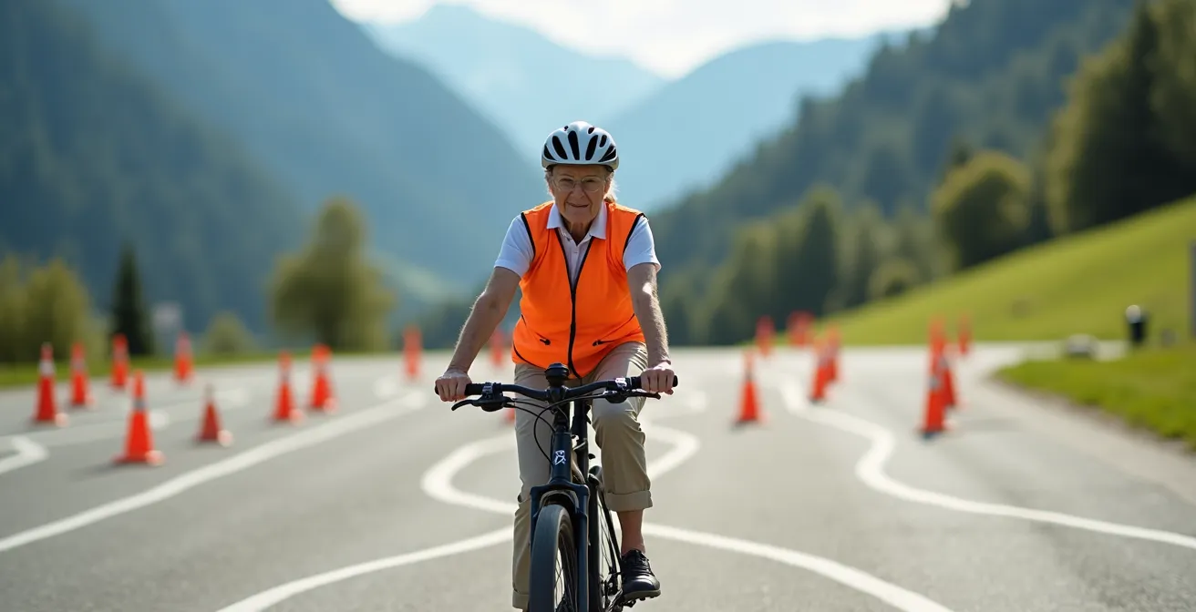 Seniorin mit Helm beim E-Bike-Fahrsicherheitstraining auf Übungsplatz