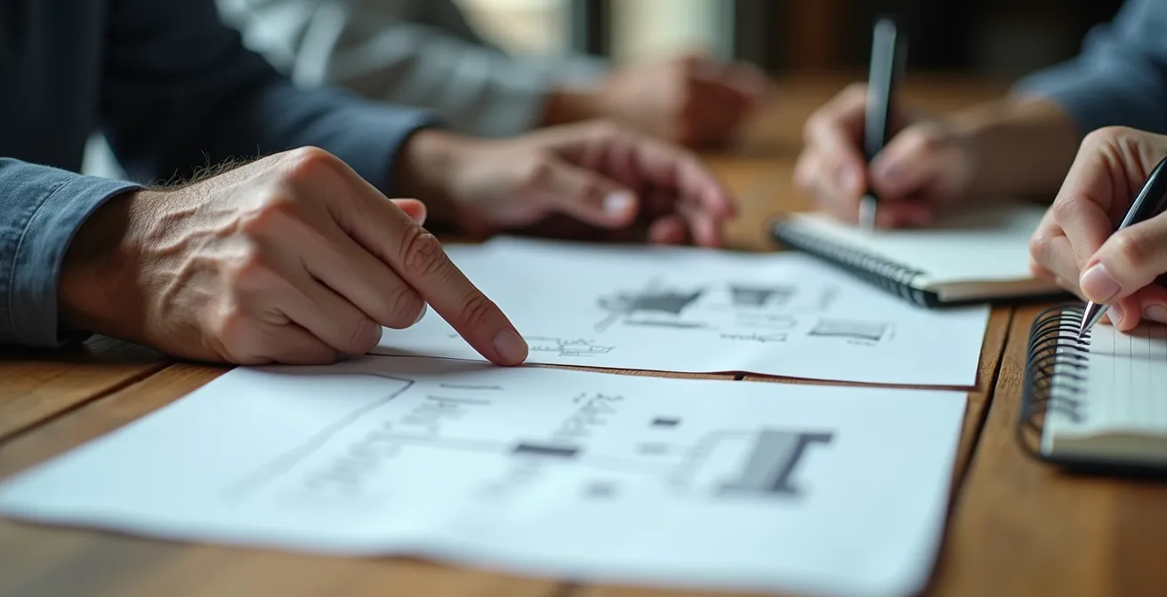 Nahaufnahme der Hände einer Seniorin, die jüngeren Kollegen ein Konzept an einem runden Tisch erklärt