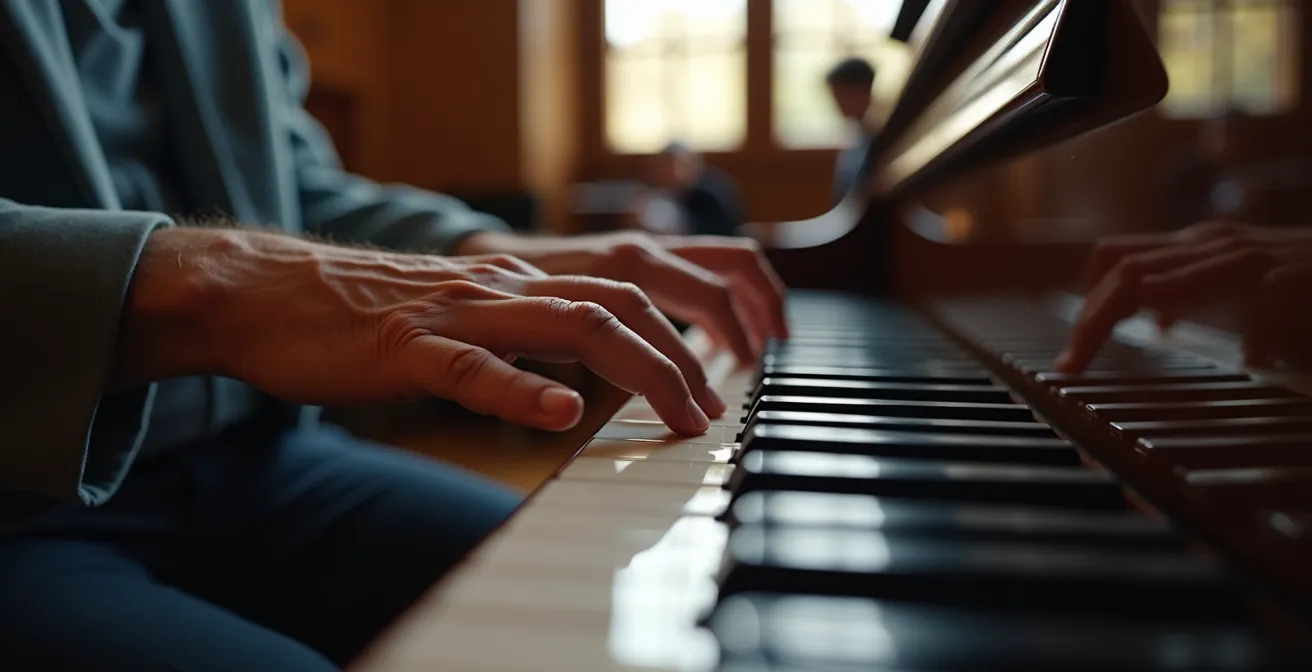Älterer Mann beim Klavierspiel in einer Schweizer Musikschule, umgeben von jüngeren Schülern, was das lebenslange Lernen symbolisiert.