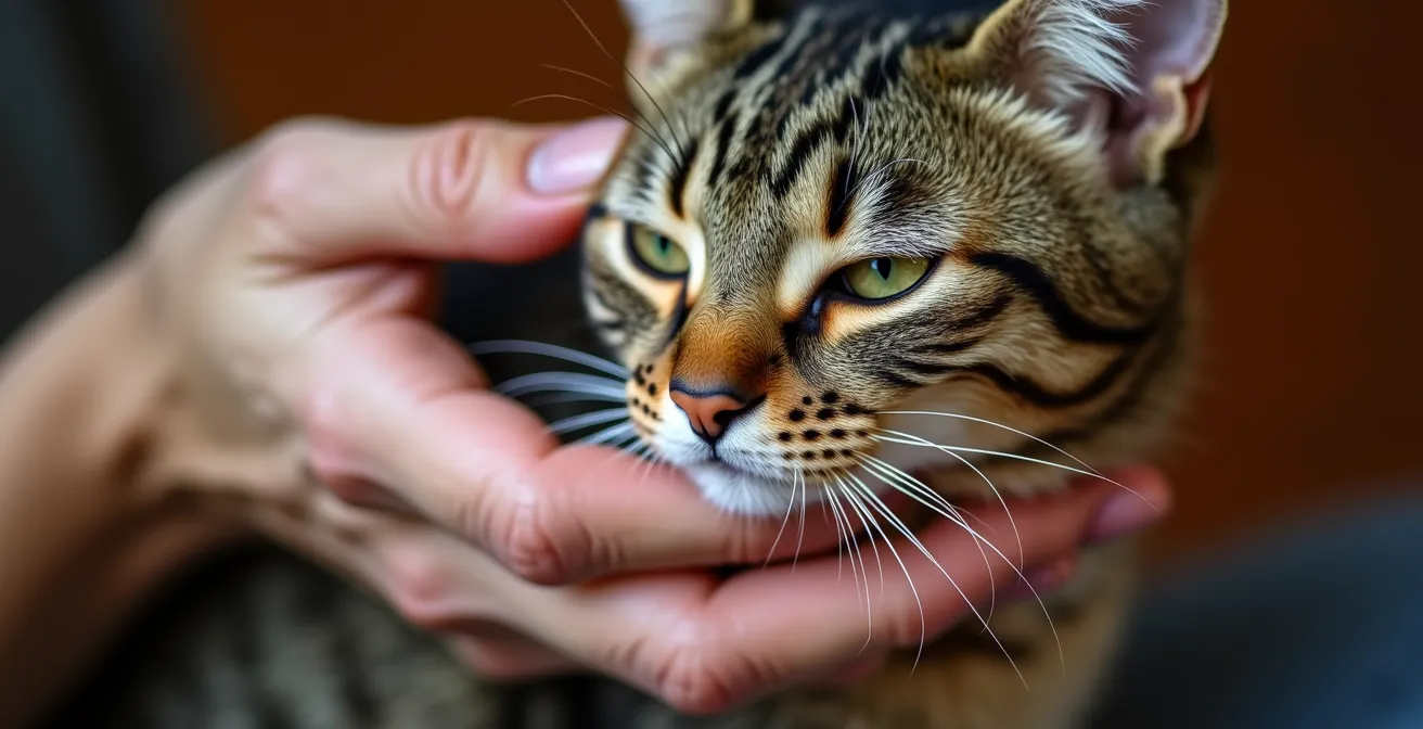 Nahaufnahme von den Händen einer Seniorin, die sanft das weiche Fell einer Katze streicheln, ein Symbol für Zuneigung und Trost.