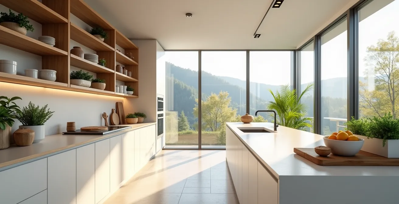 Moderne Gemeinschaftsküche mit organisierten Vorratsfächern