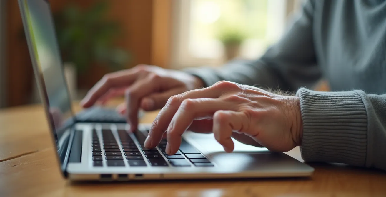 Seniorenhände testen ergonomisch ein Tablet und einen Laptop nebeneinander