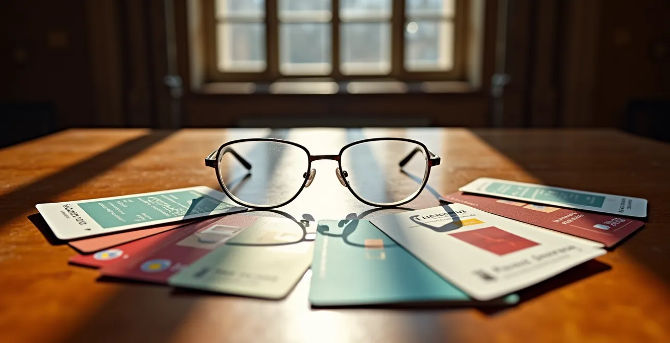 Schweizer Seniorenpaar betrachtet verschiedene Museumspässe und wägt die Optionen ab.