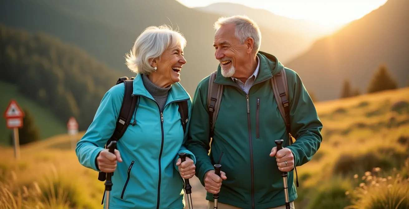 Seniorenpaar beim Nordic Walking auf einem Schweizer Wanderweg mit Bergpanorama