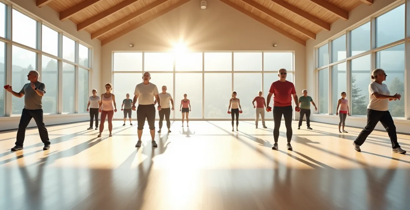 Senioren bei Bewegungsübungen in einer Schweizer Turnhalle