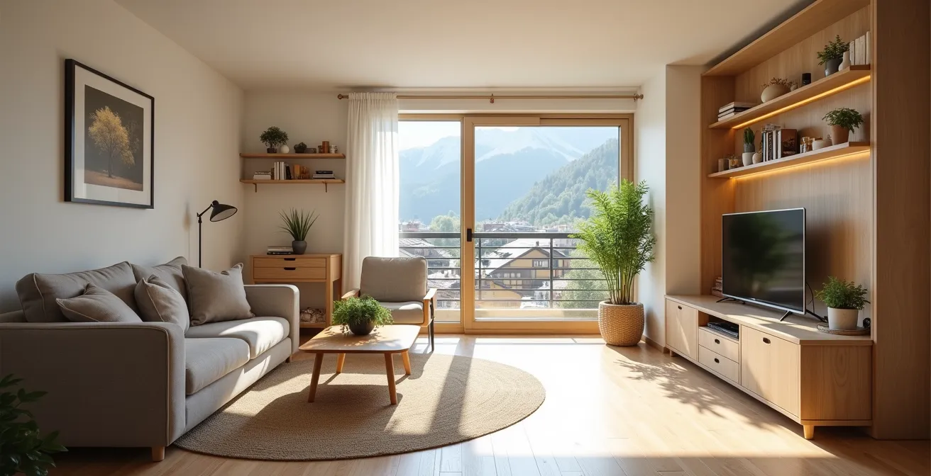 Helle und gemütliche kleinere Seniorenwohnung in der Schweiz mit effizienter Raumnutzung und Blick auf eine Stadt