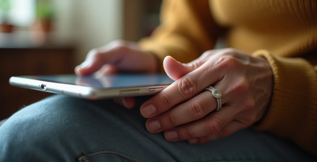 Senior geniesst Opernaufführung über Tablet im gemütlichen Wohnzimmer