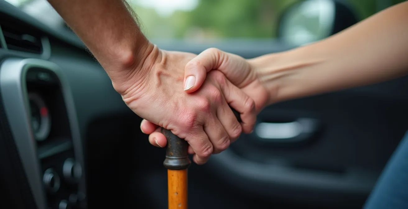 Freiwilliger TIXI-Fahrer hilft Seniorin beim Einsteigen ins Fahrzeug