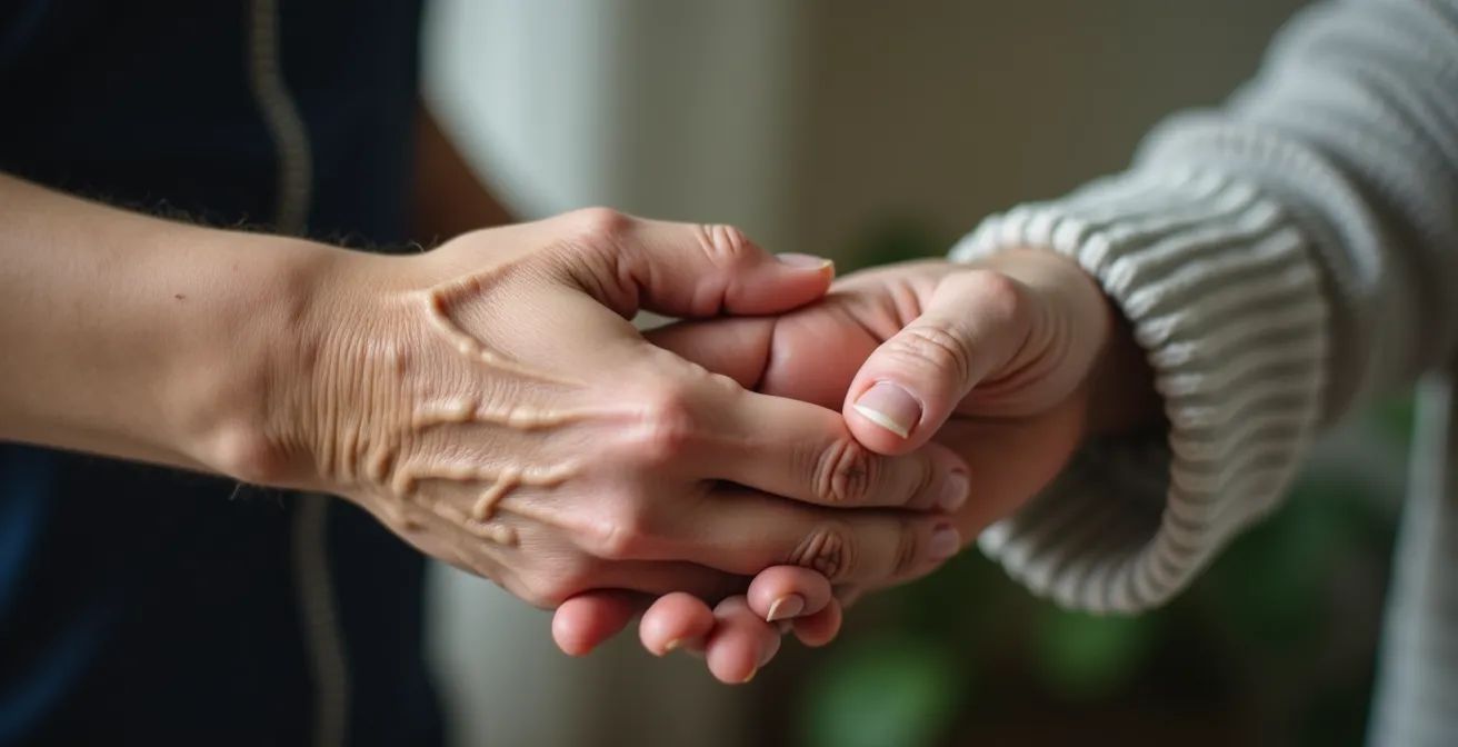 Nahaufnahme von der Hand einer jungen Frau, die sanft die Hand ihrer älteren Mutter hält