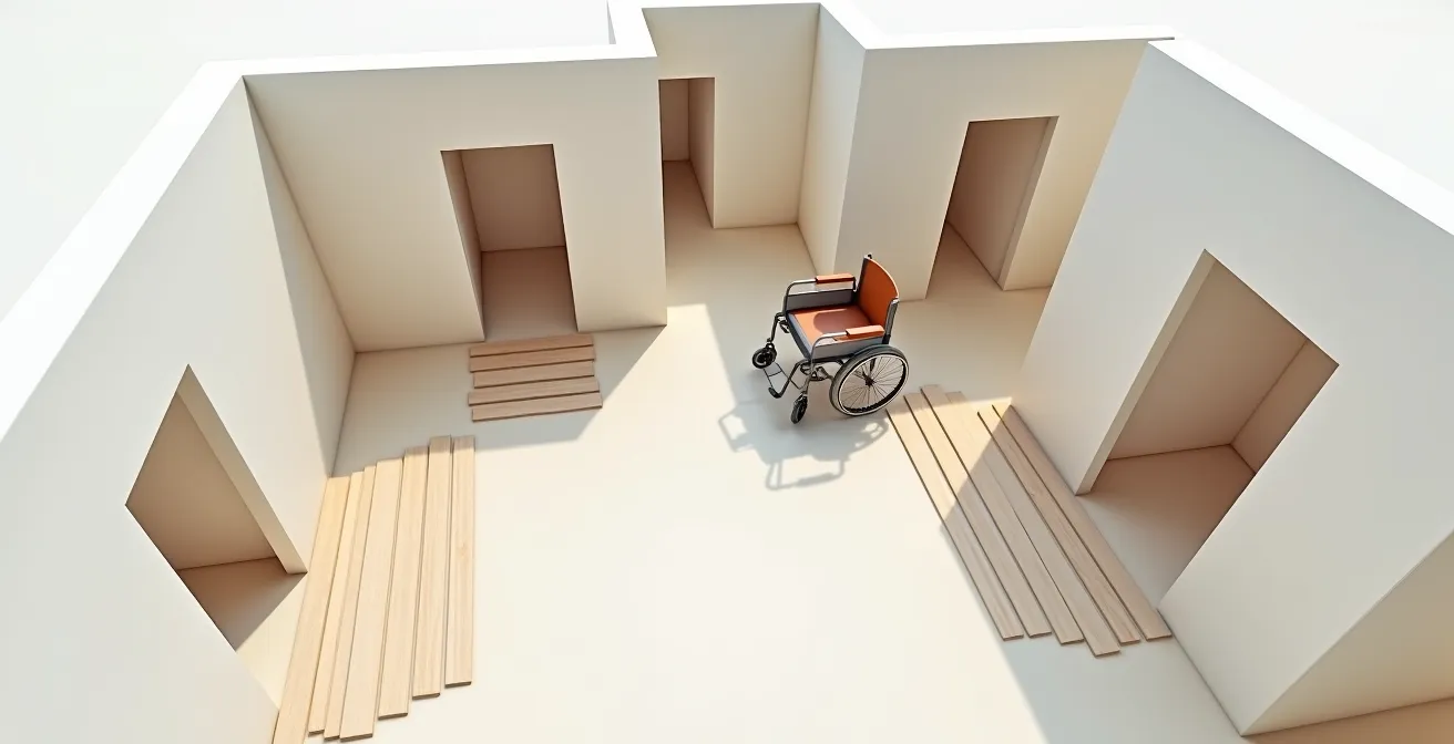 Grundriss zeigt Manövrierflächen und Türbreiten für Rollstuhlnutzung