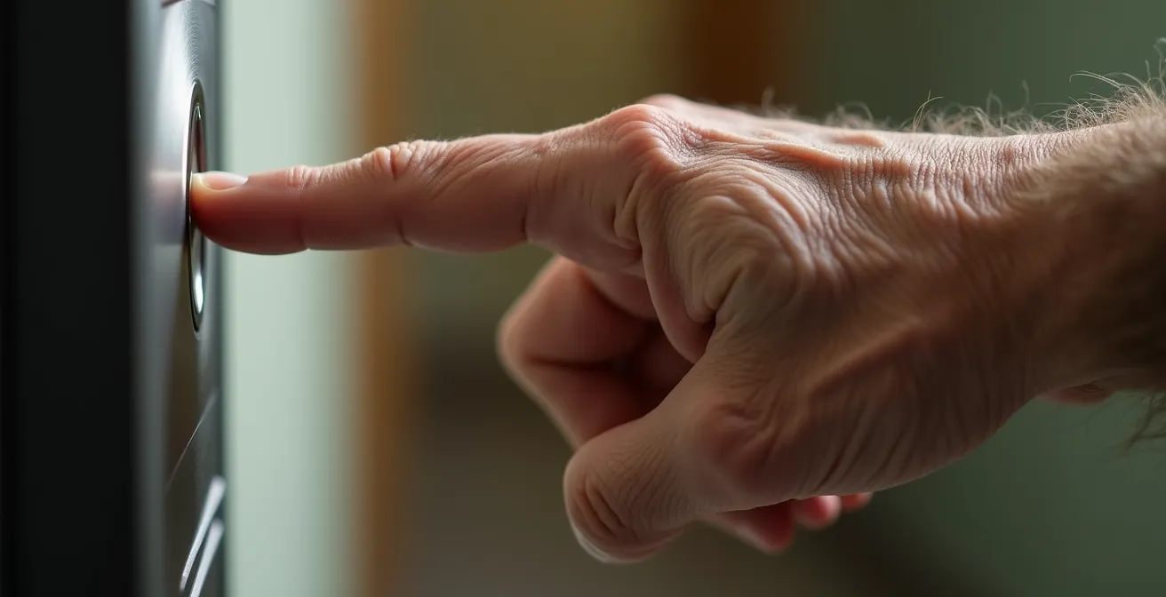 Ein Senior nutzt eine moderne Video-Türsprechanlage für eine sichere Kommunikation mit Besuchern.