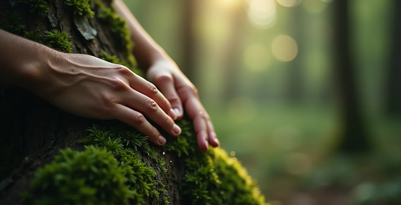 Senior geniesst meditative Ruhe beim Waldbaden in Schweizer Wald