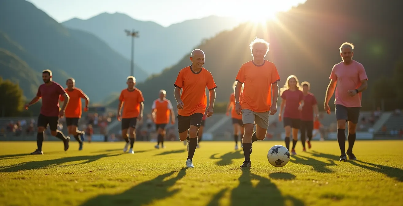 Seniorengruppe beim Walking Football auf Schweizer Fussballplatz