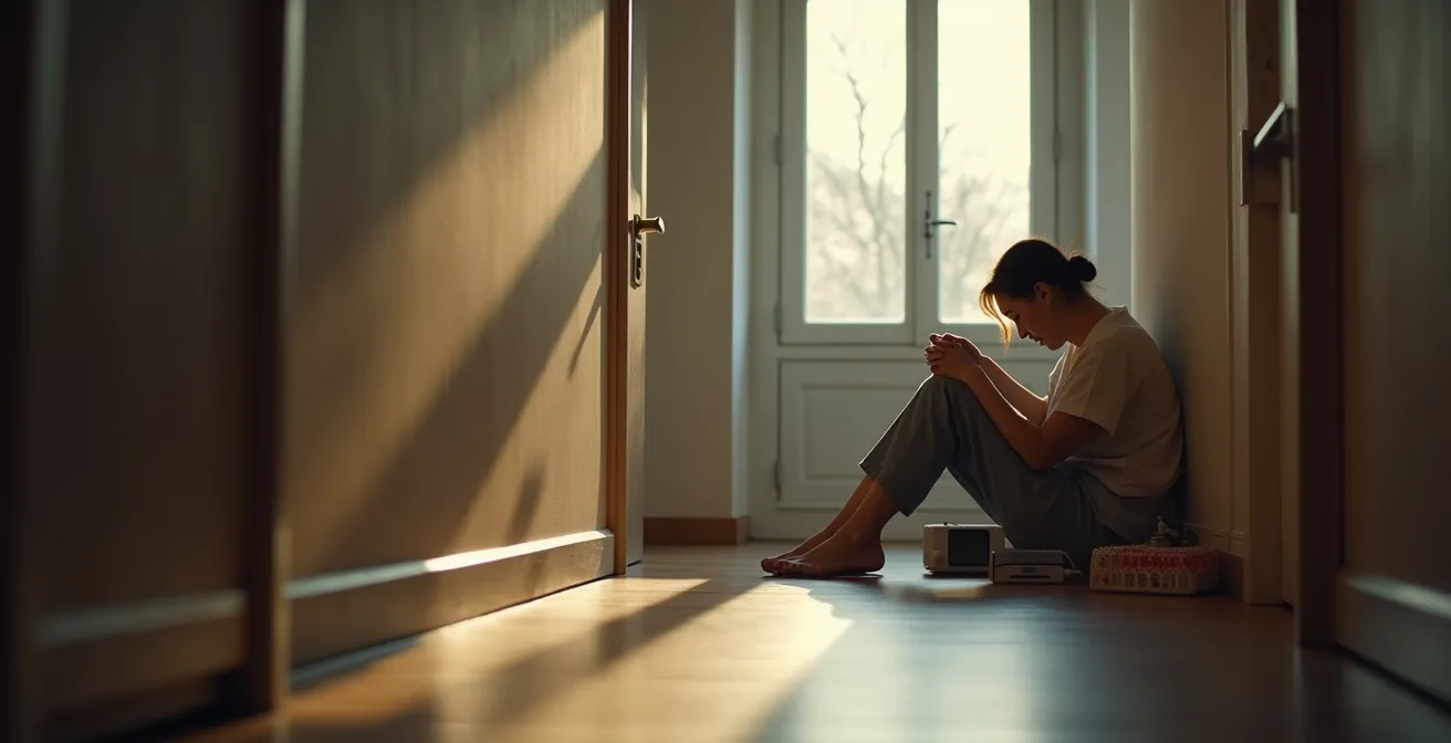Eine erschöpfte Pflegerin in mittleren Jahren sitzt in einem schwach beleuchteten Flur auf dem Boden, den Kopf in den Händen, was auf extreme Müdigkeit hindeutet.